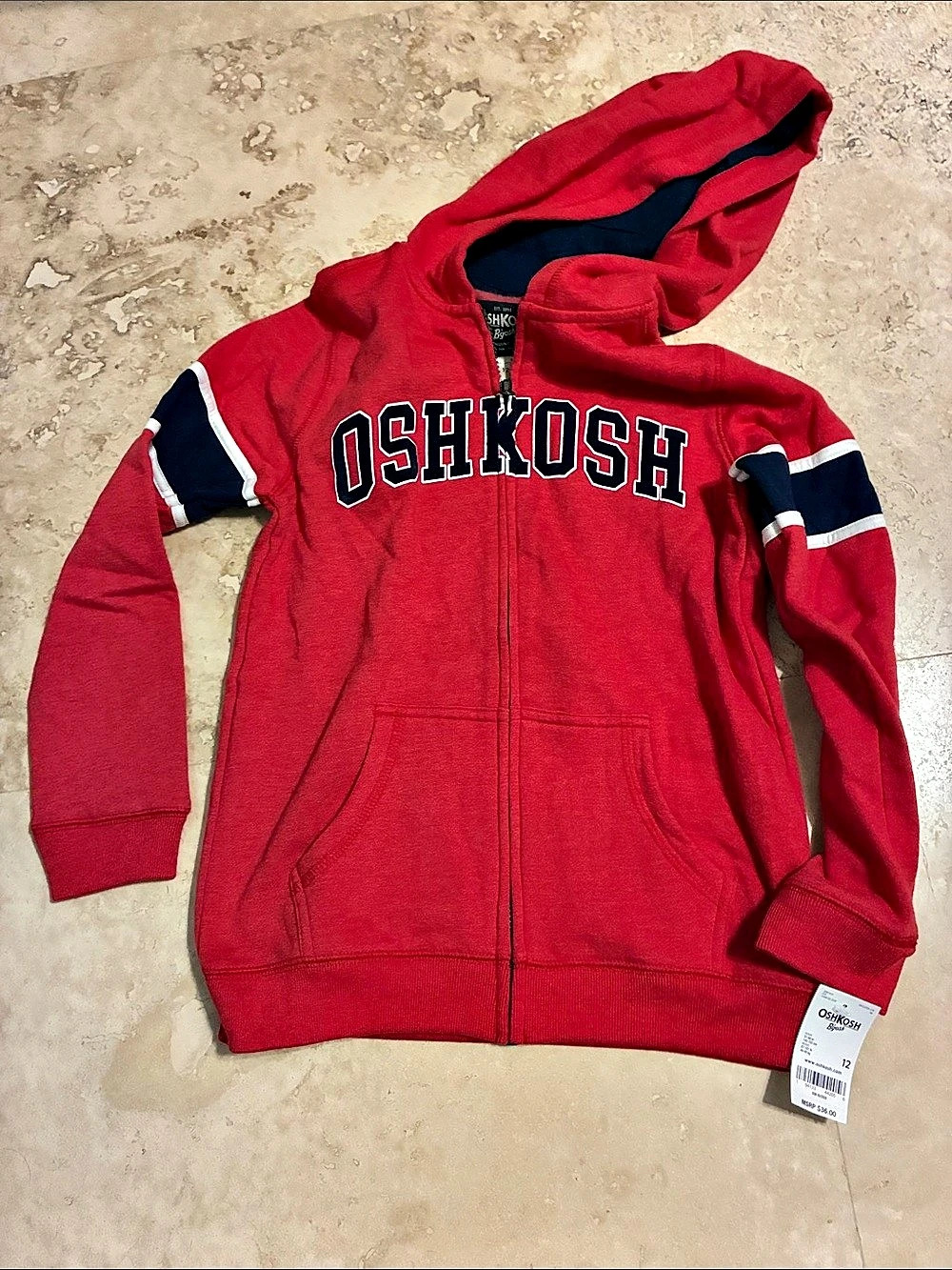 NWT! OshKosh B'gosh Boys Logo Fleece Zip-Up Hoodie Red & Blue Size 12